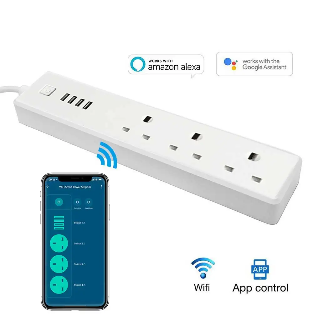 Uk Wifi Smart Power Strip Power Extension Socket 3 Outlet 4 Usb Port