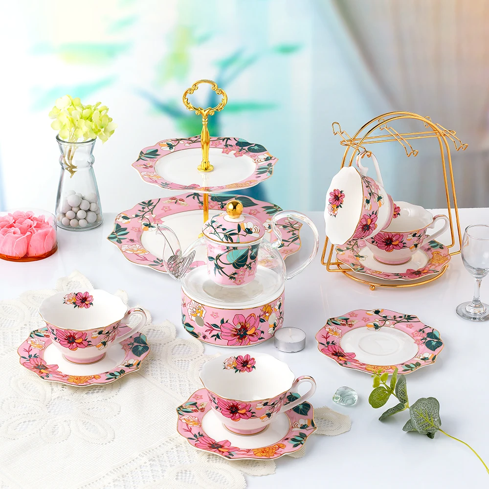 Luxury New style Elegant design ceramic Bone China tea set coffee cup and saucer with tea pot and 2 tires cake stand for gift factory