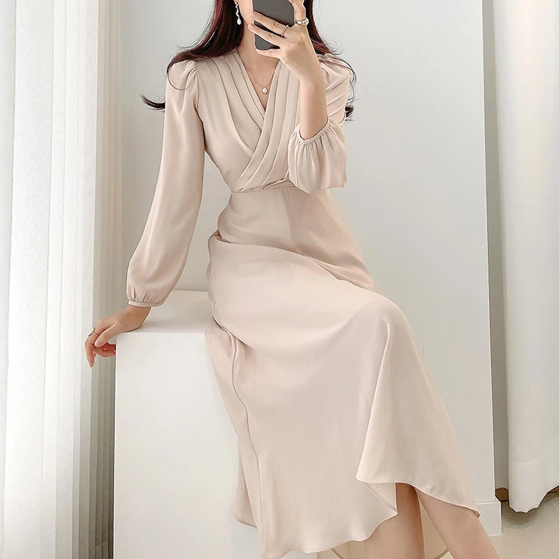 Wholesale 2021 Autumn Korean Chic French Gentle And Thin V-neck Pleated ...