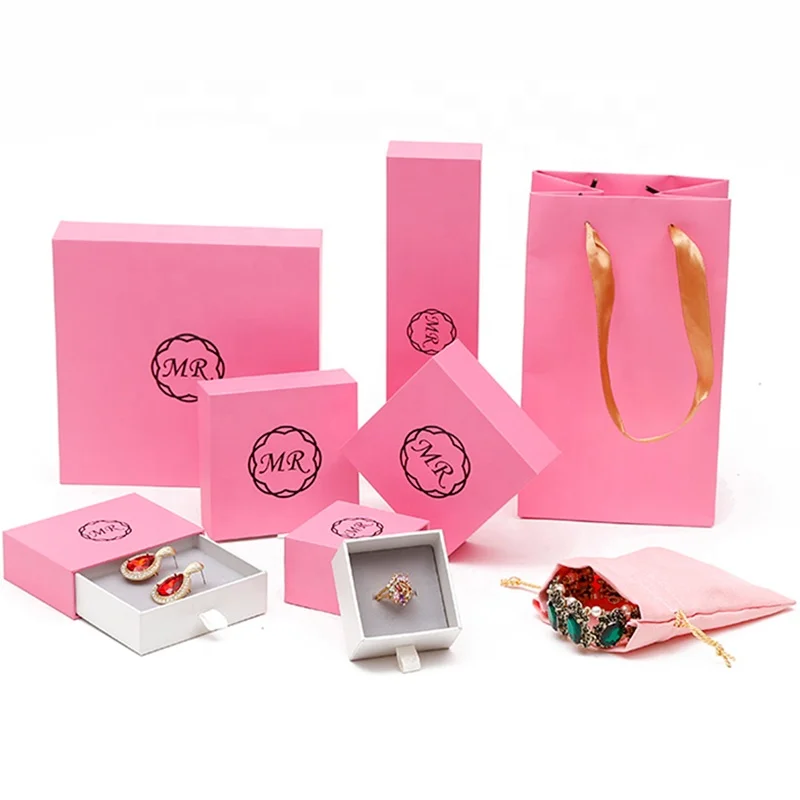 Custom logo printed jewelry packaging box with velvet paper jewelry box drawer boxes