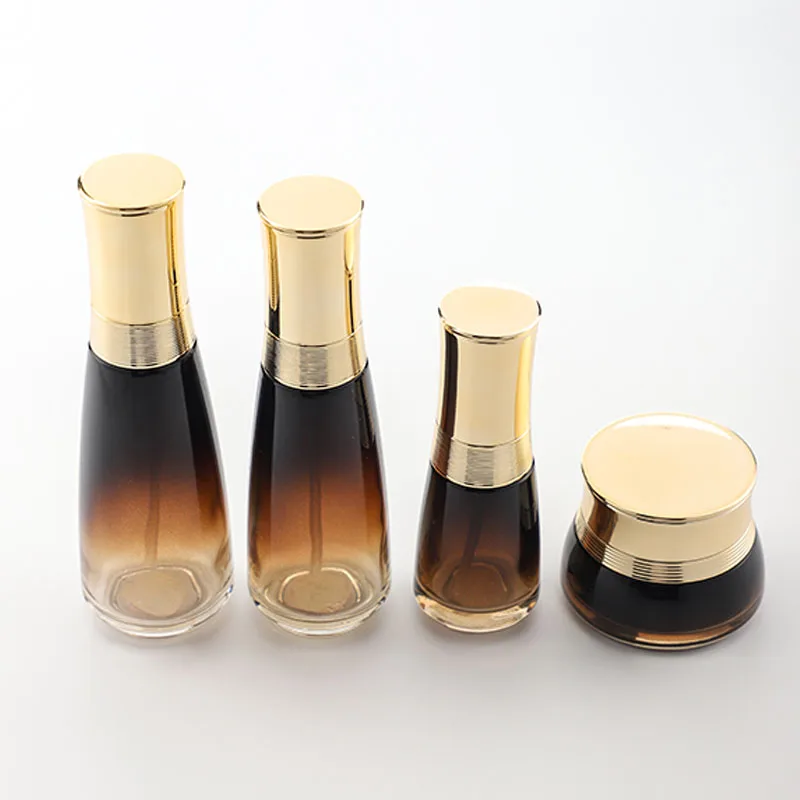 Cosmetic glass bottle set -- luxury skincare  packaging container manufacturer--new design with pump&spray&gold cap factory