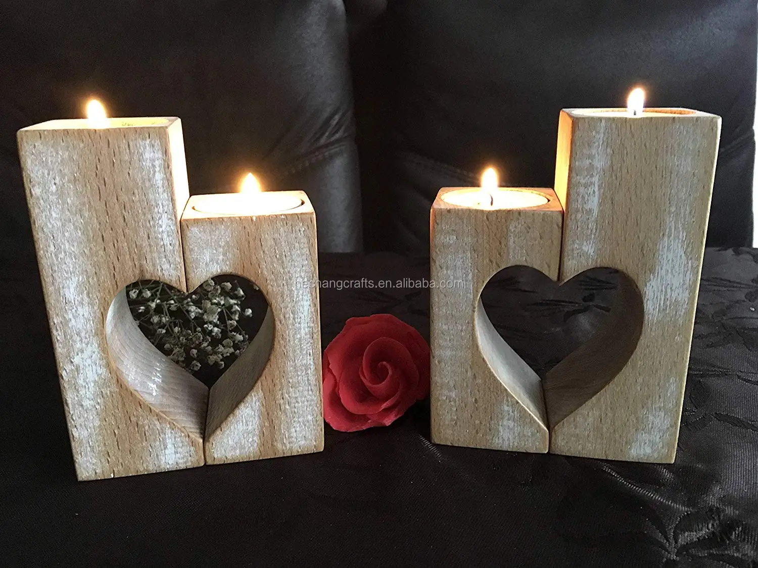 Romantic Tea Light Candle Holders Decorative Wood Tealight Candle Holder Set Of 2 Unity Heart 6092