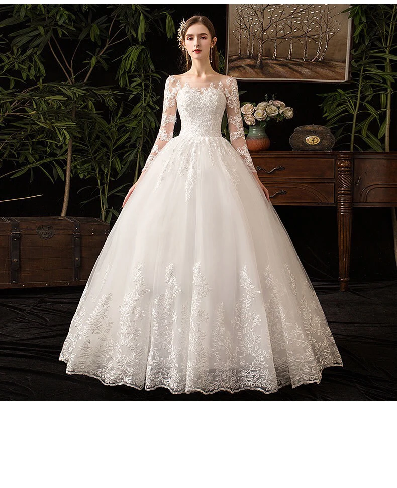 factory wholesale floor-length full sleeve lace bride wedding dress latest design elegant bridal dress