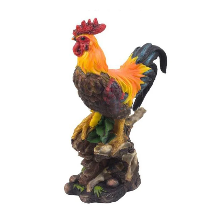 Proud Rooster Statue On Old Fashioned Wagon Wheel With Sunflower