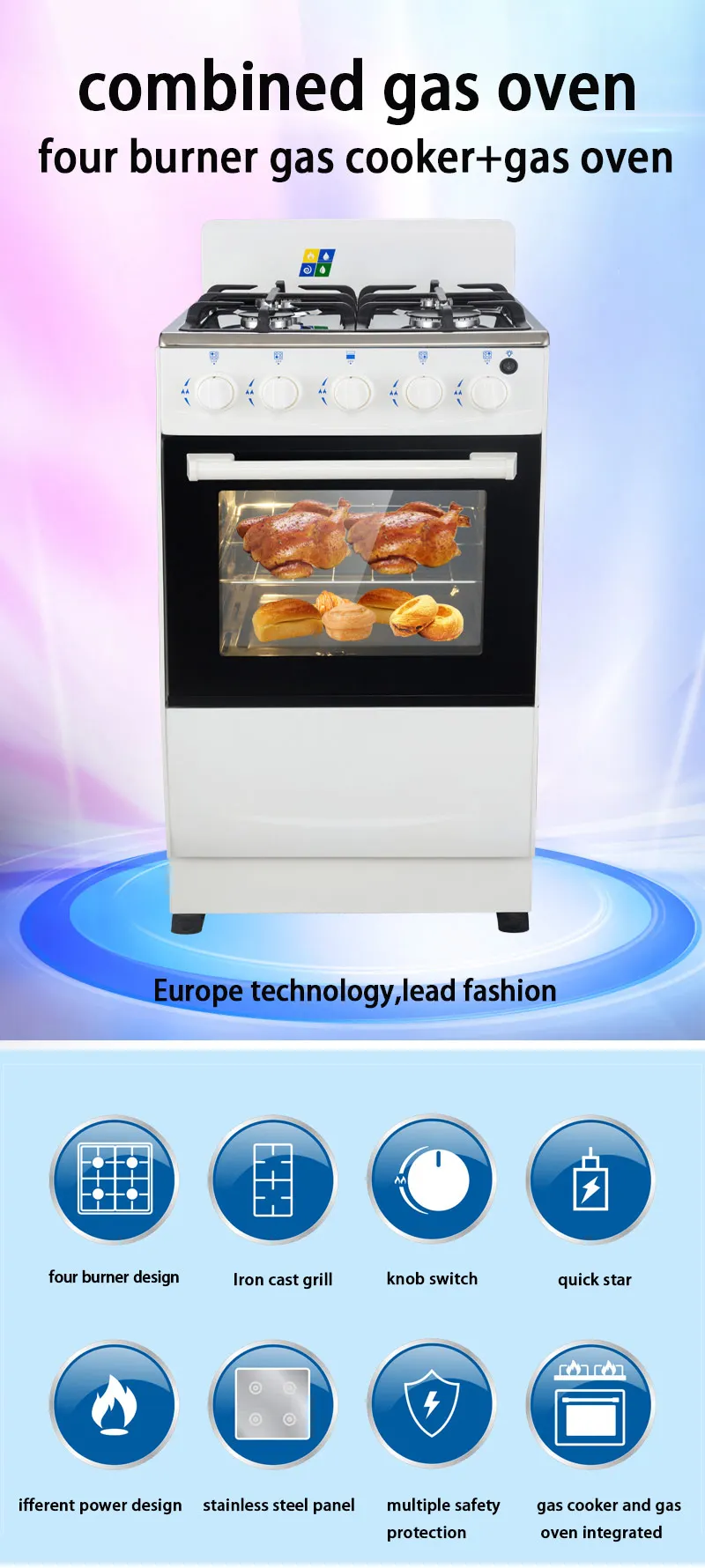 4 Burners Gas Stove With Oven Pot Range Heads Cooker Oven Freestanding