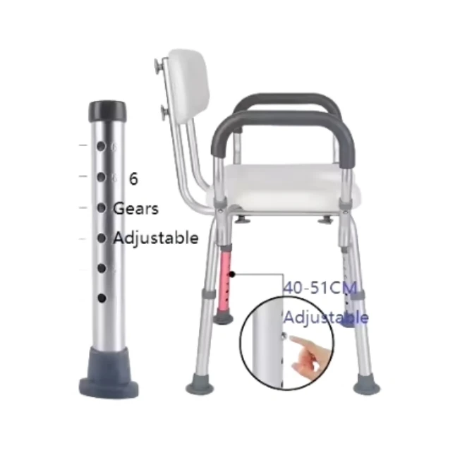 Adjustable Height Tool-Free Installation Shower Chair with Removable Back Arms Bathroom Safety Equipment Rehabilitation Therapy details