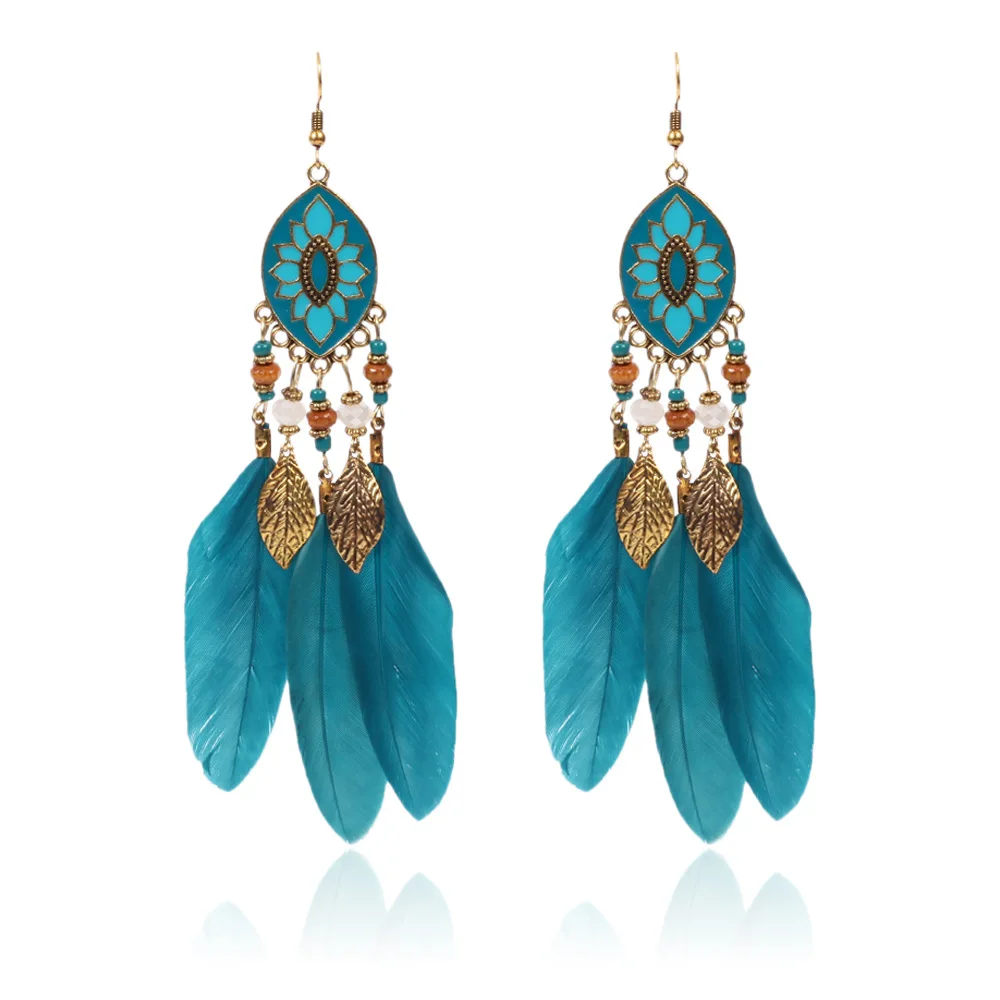 Bohemian Feather Earrings Fashion Long Blue Feathers Earring For Women ...