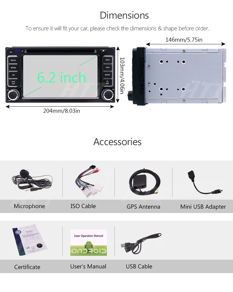 6.2 Inch Quad-core Android 10.0 Car Dvd Player For Toyota With Gps