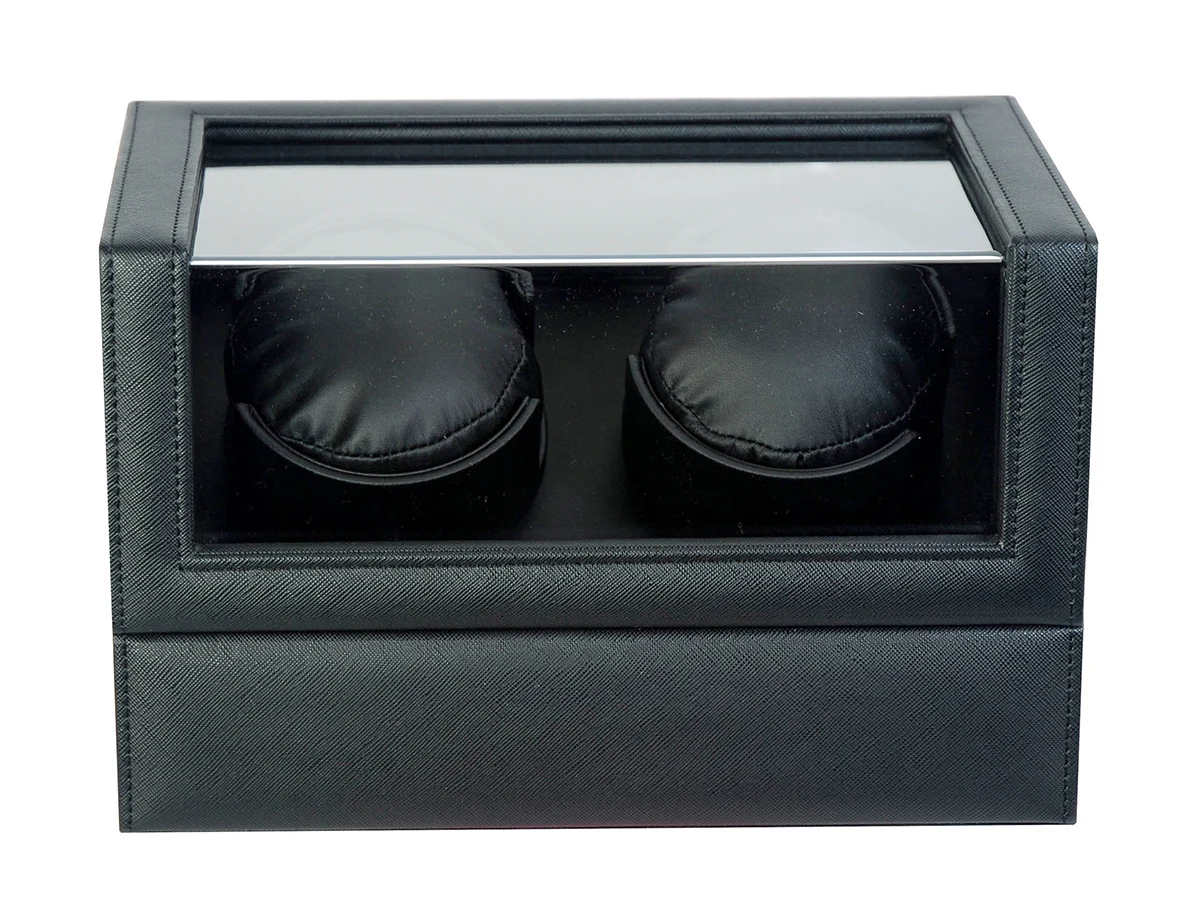high quality 2 rotors black leather watch winder with window