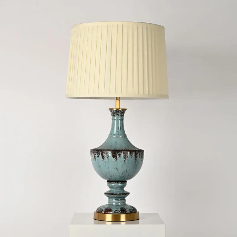 Hotel Restaurant Bedroom White Shade Cyan Blue Round Ceramic Table Lamp