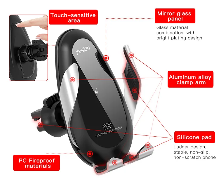 Intelligent Air Vent Mobile Phone Car Holder Touch Control Cell Phone Holder Mount 10W Qi Wireless Car Charger