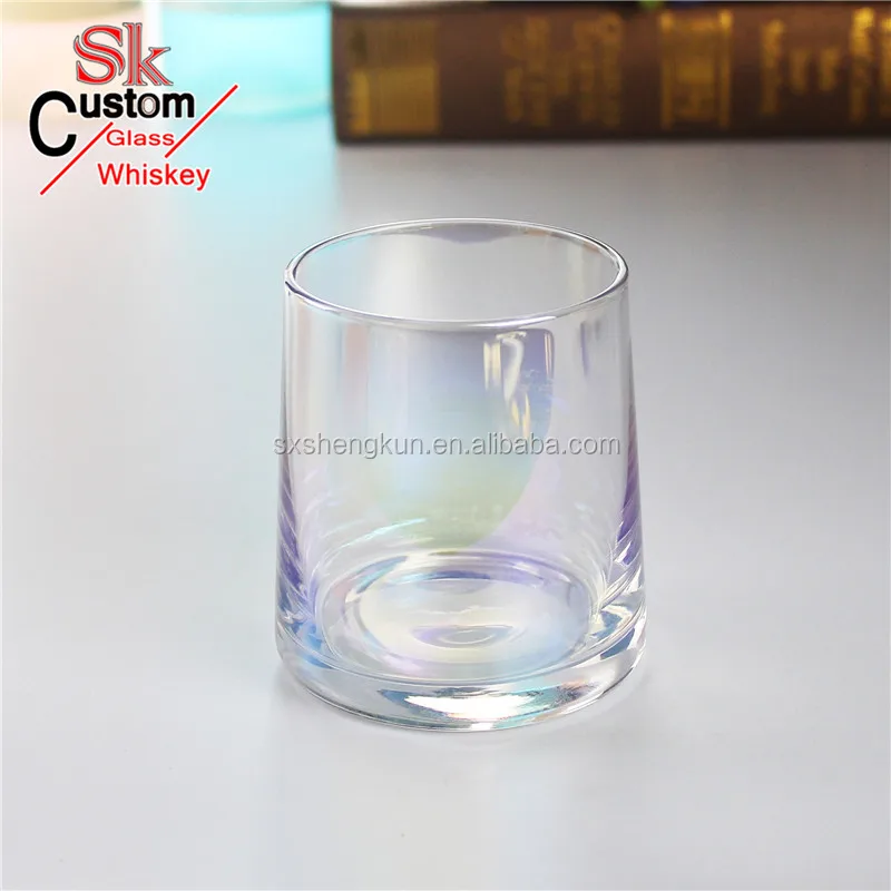 
Hand crafted transparent lead free crystal electroplated rainbow color whiskey glass 