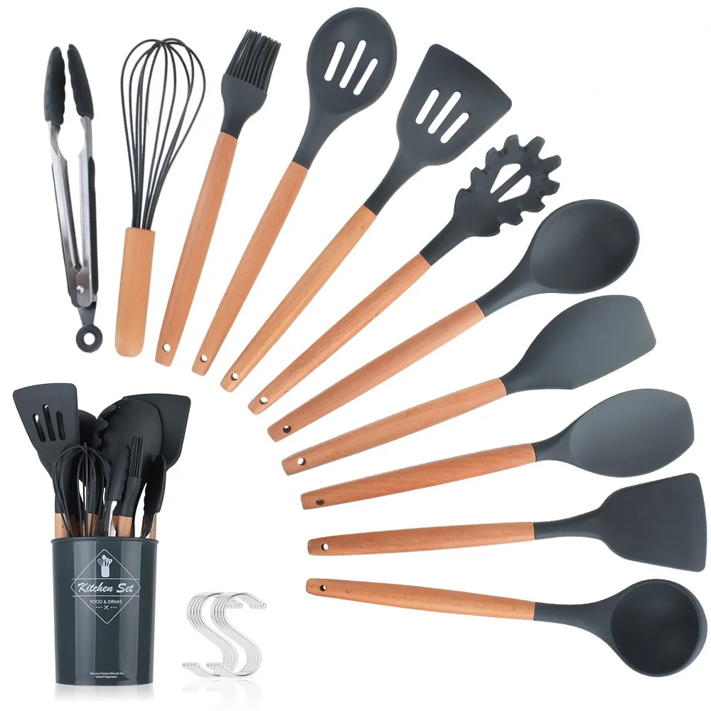 11Pcs Silicond Cooking Utensil Set Heat Resist Wooden Handle Silicone  Spatula Turner Ladle, 1 unit - Foods Co.