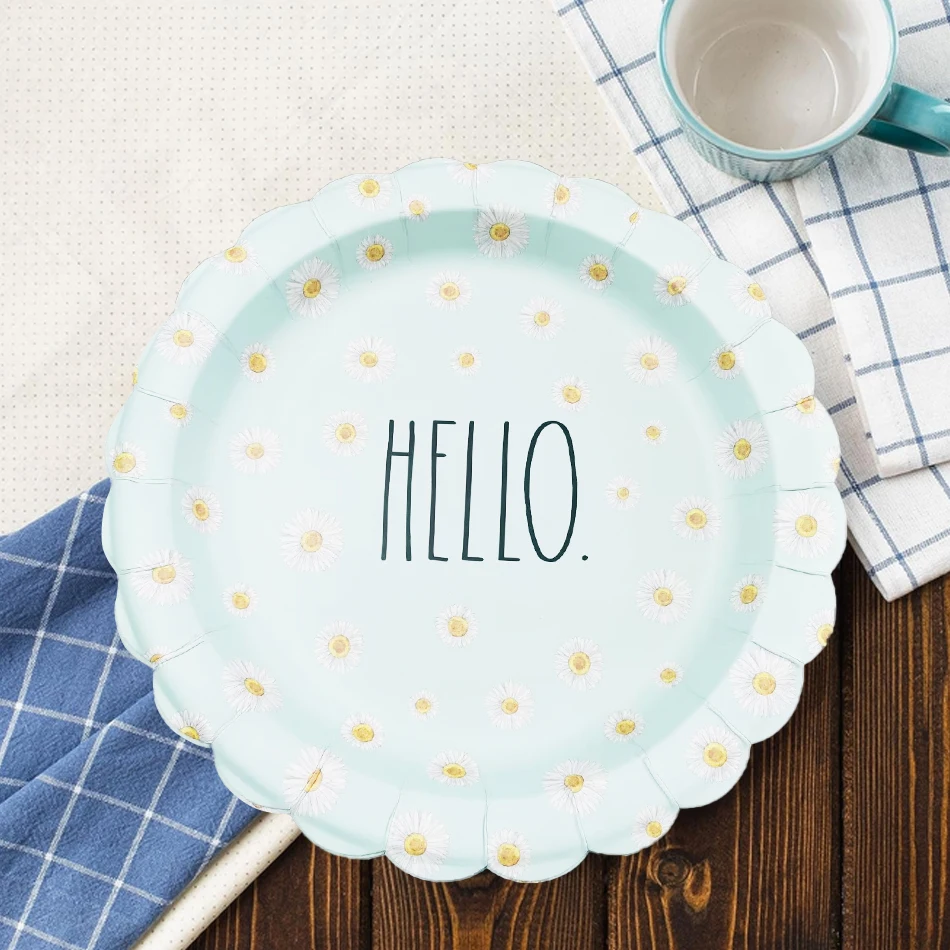 LR 10.5Inch Sky Blue Daisy Flower Printed Disposable Dinner Paper Plates 16PCS Made China Wedding Valentine's Day Party details