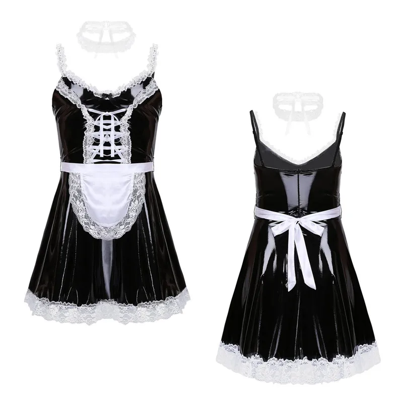 Iefiel Mens Male Patent Leather Sissy Maid Dress Cosplay Costume Sexy ...