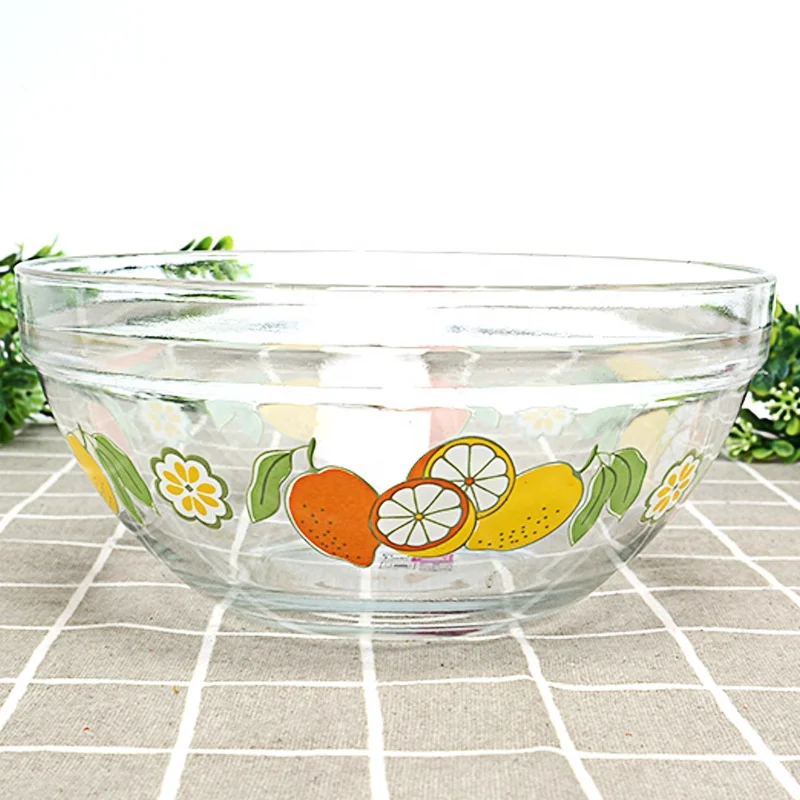 Microwave Oven Safe Pyrex Glass Salad Bowl Mixing Bowl 3 Pcs Dessert Bowls Set With Lemon Decals