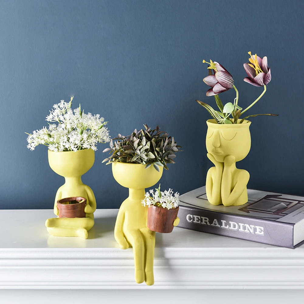 Cute Human Head Portrait Resin Flower Pot Succulent Plant Vase Garden Home Decor 
