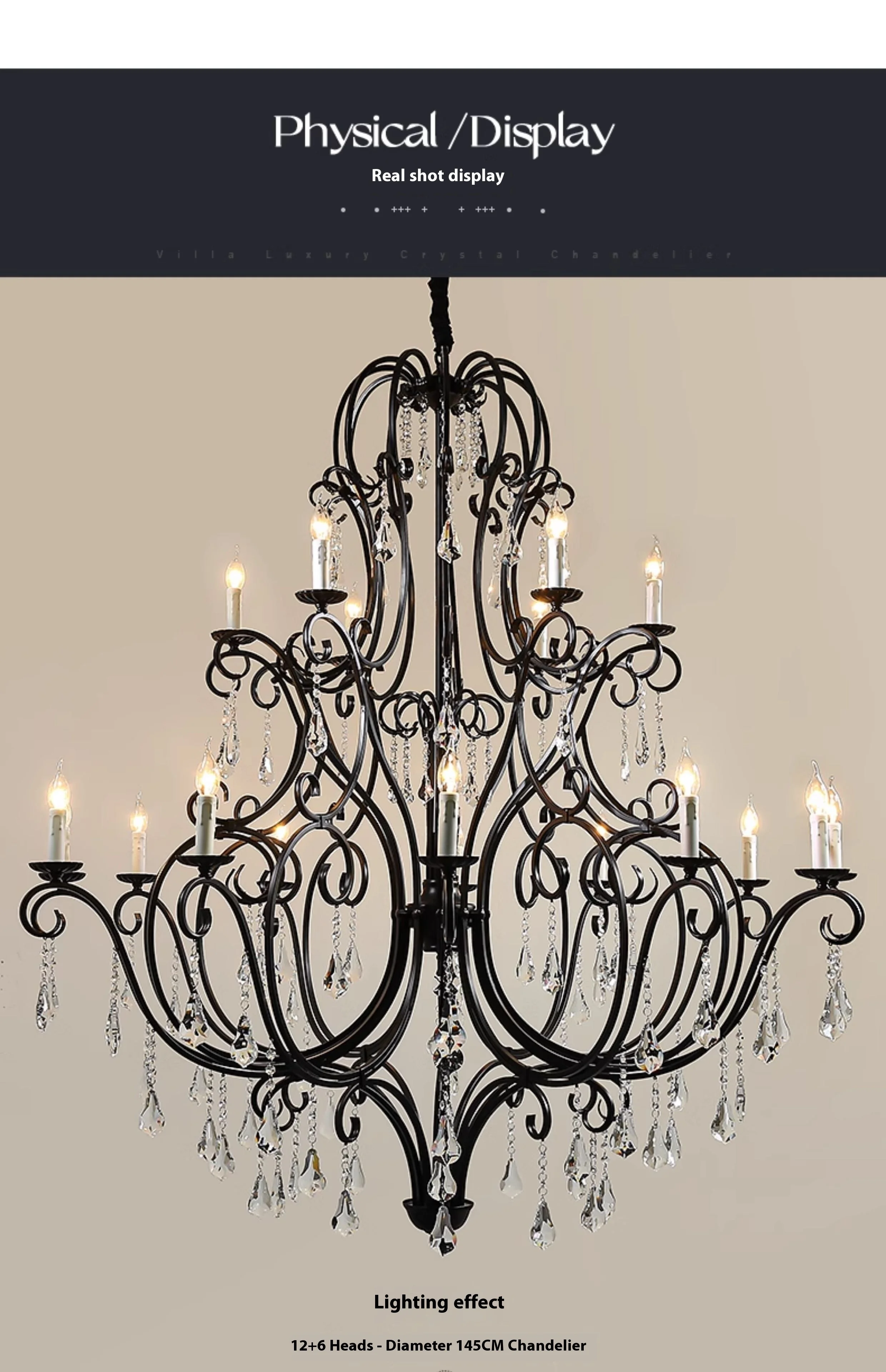 product large vintage retro brass black metal crystal chandelier customized home decor pendant light-12