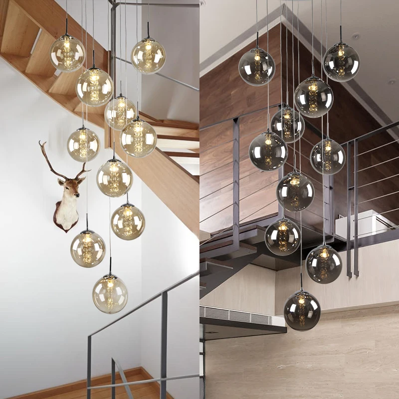 Luxury Wedding Metal Customized Duplex Building Villa Stair Staircase Bubble Glass Ball Chandelier Pendant Light