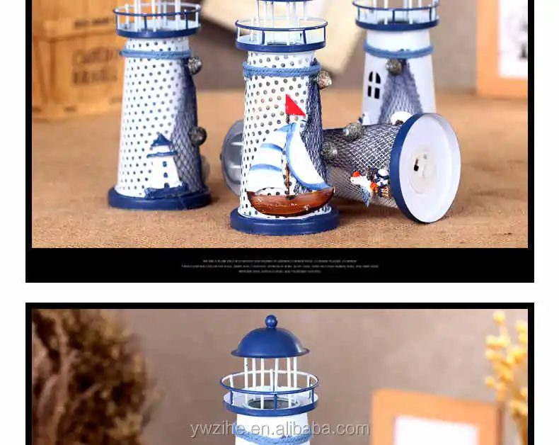 Mediterranean Style LED Lighthouse Iron Figurine Nostalgic Ornament Ocean Anchor 