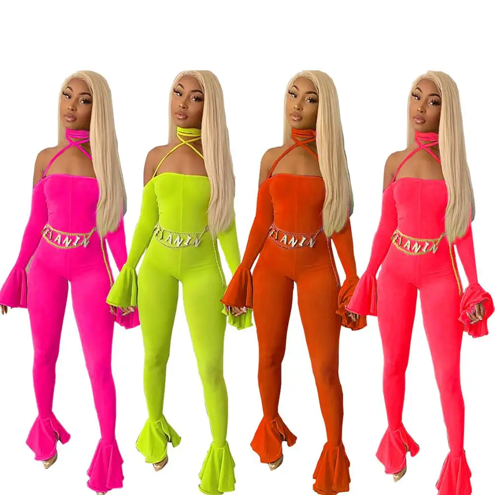 2019 New arrival women jumpsuits trendy sexy club party one piece neon pants flare bell bottom backless jumpsuit