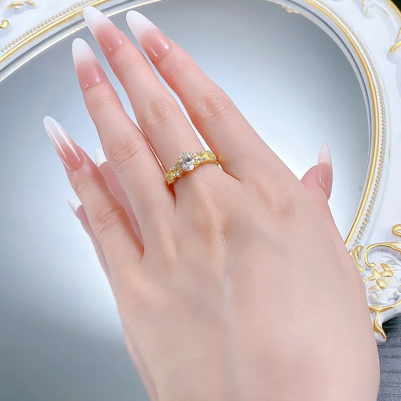 S925 Silver Gold-Plated Ring 5*7mm Egg-Shaped Oval Cut with Zircon Middle Ancient Pigeon Egg Fingertip Elf Lab Diamond Ring