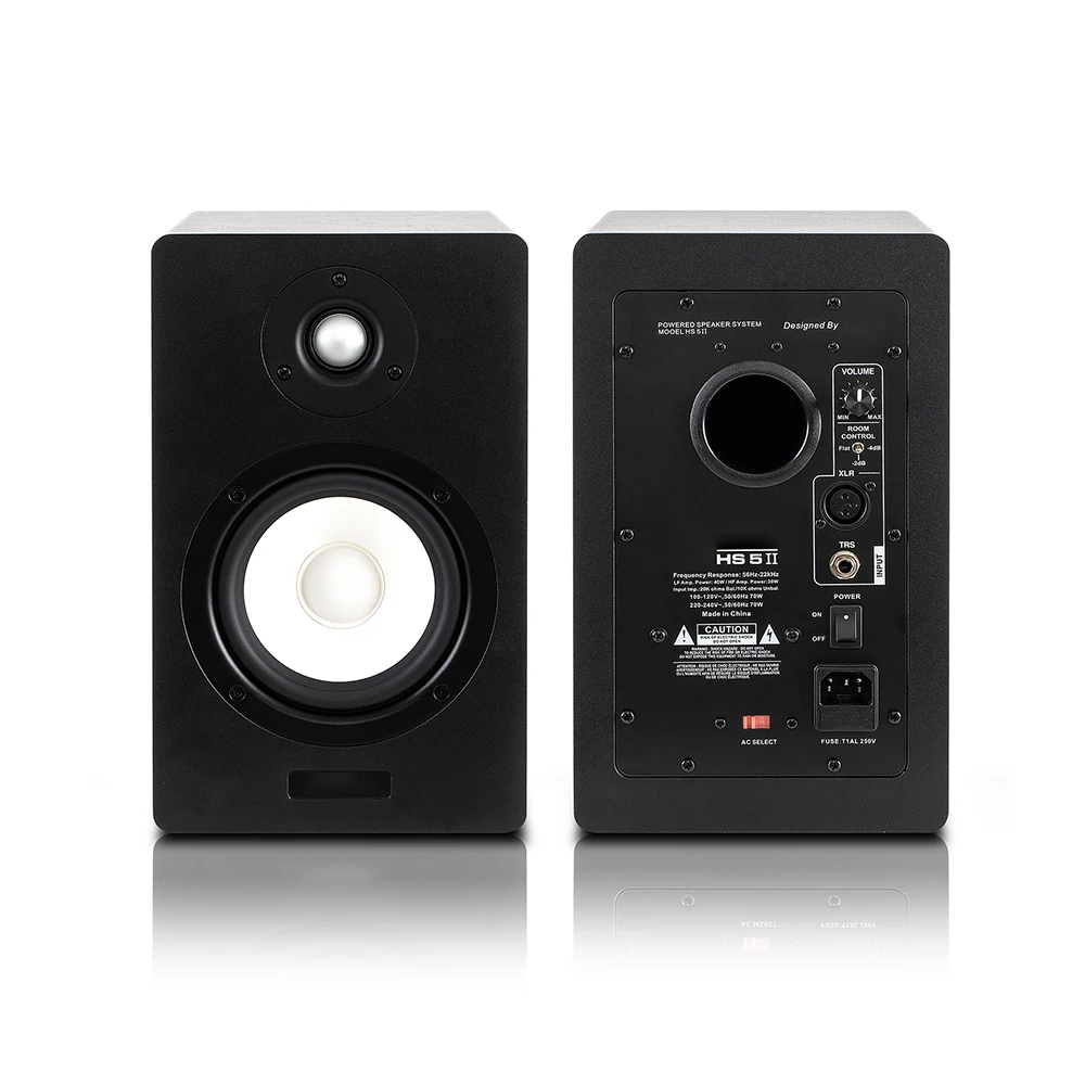 Side view of compact active 2.0 monitors with front-firing ports and clean industrial design