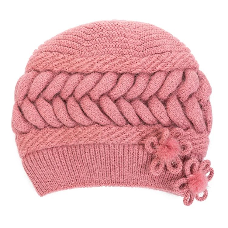 China Wholesale Ladies Elasticity Twist Design Wire Cap Beanie Warm Winter Flower Small Pompom Knitted Hat
