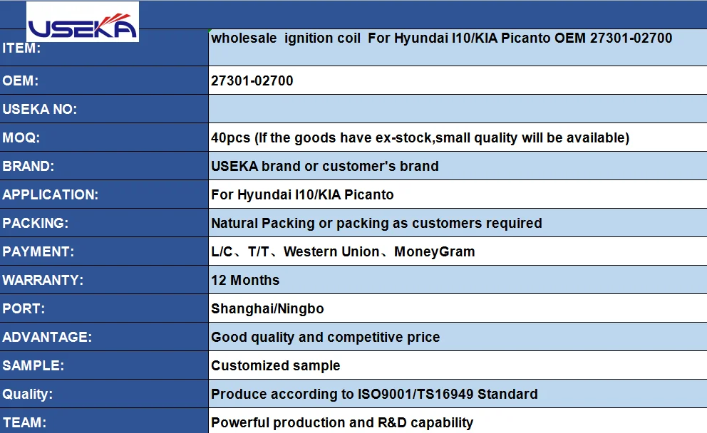Ignition Coil For Hyundai Tos Prime I10 1.1 Kia Picanto 27301-02700 27301-02701