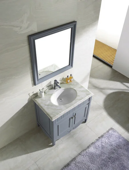 MS9006 Iron blue solid wood floor mounted bathroom cabinet marble panel with mirror box