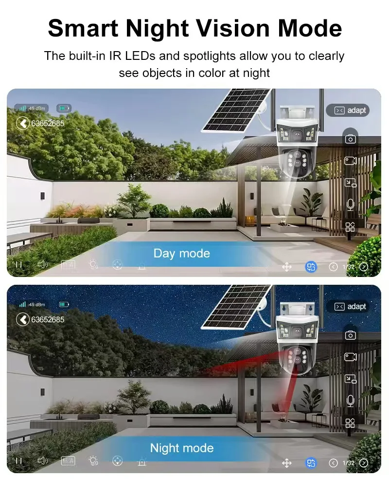 V380Pro Outdoor Solar Less Energy Cost 4MP HD Camera 3Lenses 10X Zoom 360 Night Vision Smart Detection Multi-function Cameras