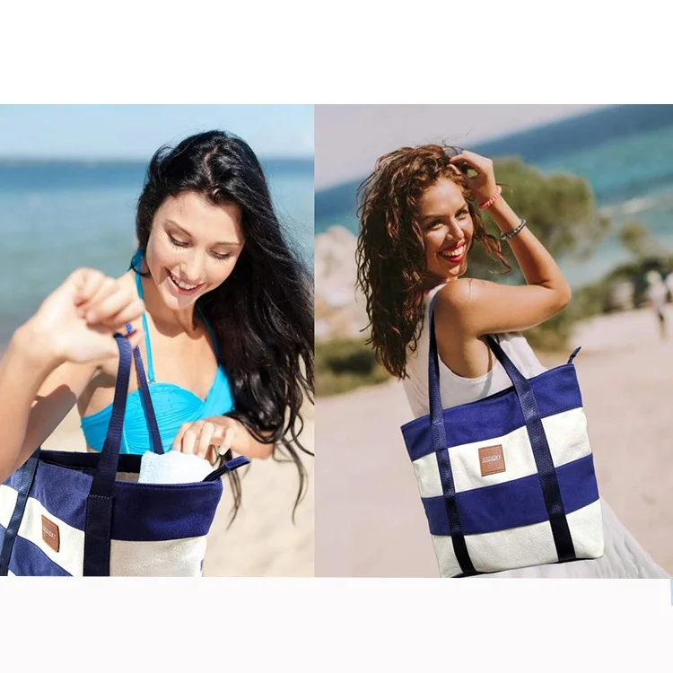 Simple Style Large Blue and White Stripe Ladies Shoulder Handle Canvas Beach Tote Bag with Pocket and Zipper for Travel and Shop