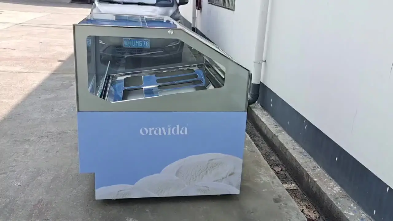 アイスクリームディスプレイ ホワイト・オレンジ 約106cm 小型商業用曲面スライドガラス扉アイスクリームショーケース冷凍庫