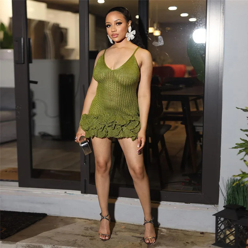 Women Clothes Sexy Slim V Neck Hollow Out Mini Dress Wholesale See Through  Summer Casual Dress Women