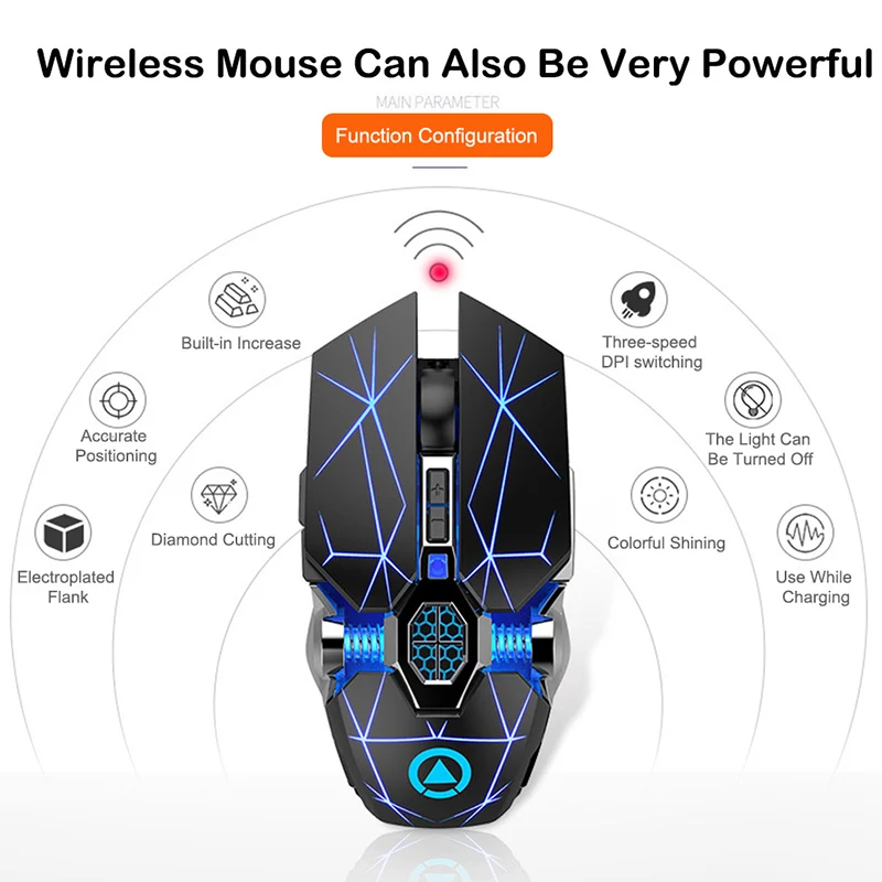 E-sport RGB A7 Souris silencieuse sans fil Rechargeable LED optique USB souris de jeu mécanique 1600DPI pour PUBG Gamer