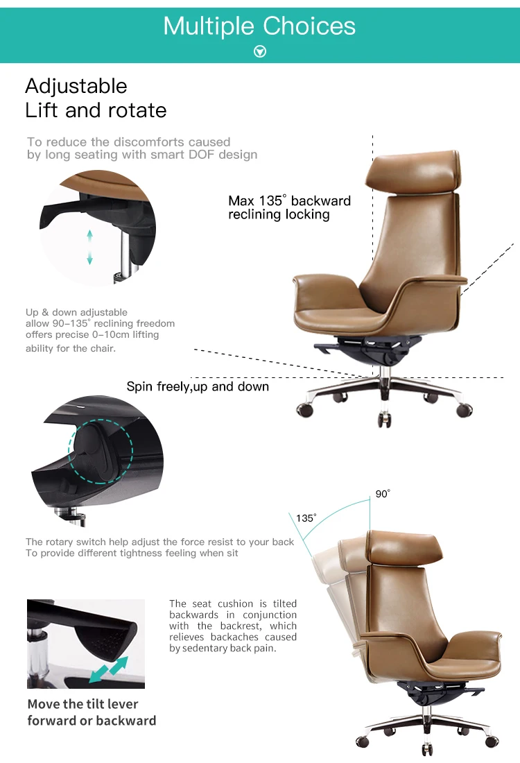 High Back Swivel Ergonomic Metal Frame Executive Adjustable Leather Office Chair
