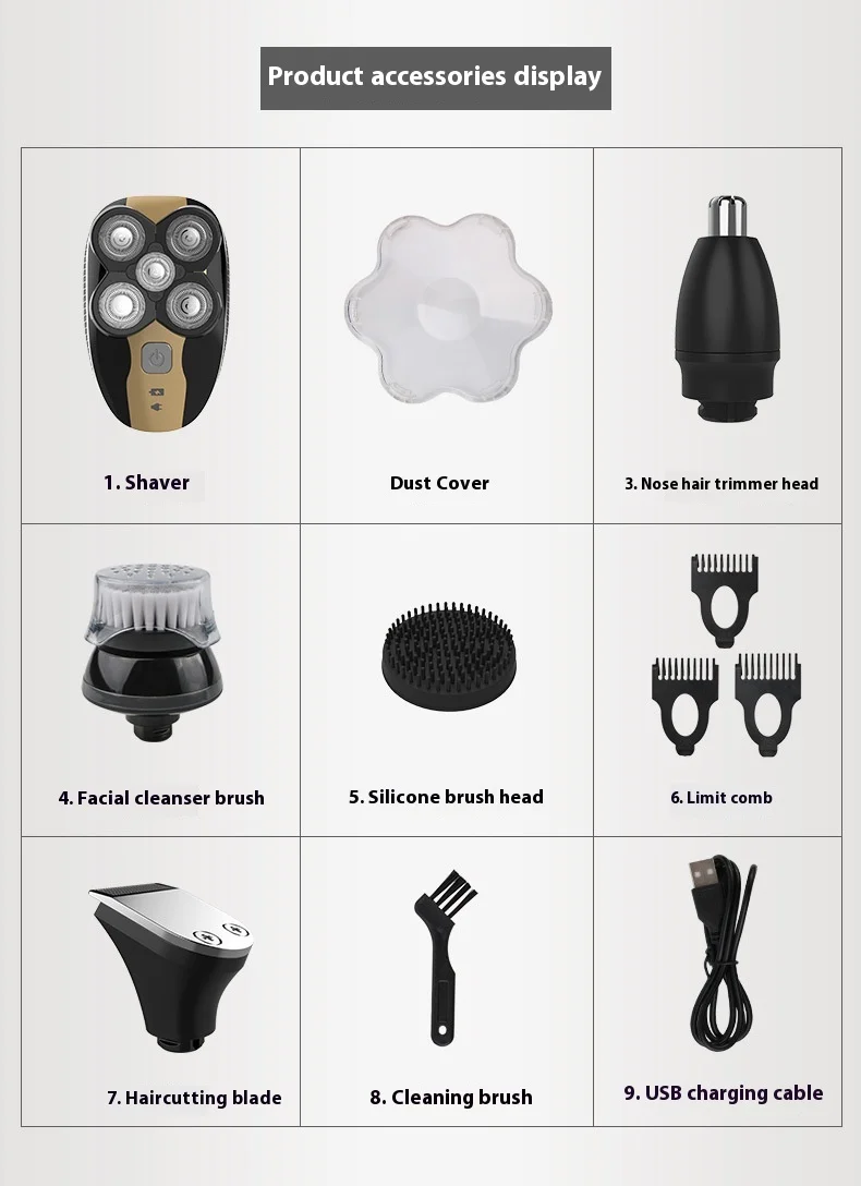 Custom 5-Blade USB Electric Shaver Bald Machine Washable Multifunction 5 in 1 LED Display Household Electric Shaver