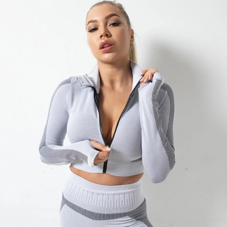 
Yoga Sets Nylon And Spandex Sexy Jacket Long Sleeve Grey Yoga Set With Zipper Clothes Wear 