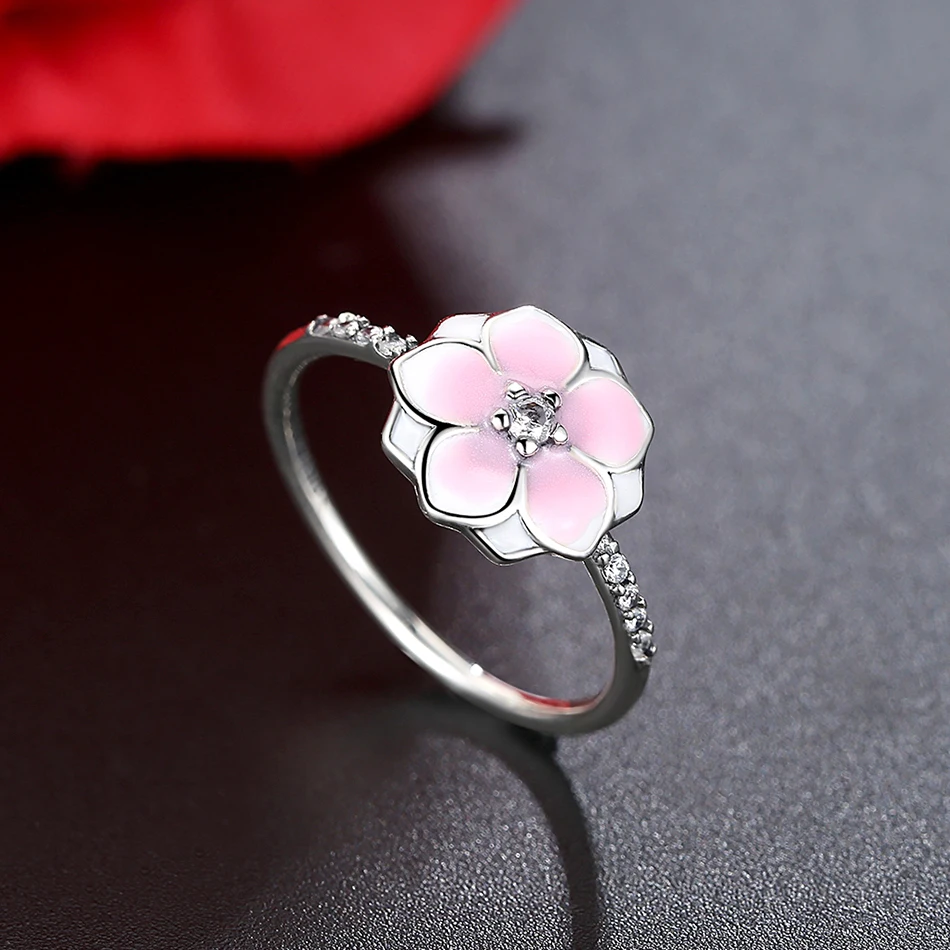 Auténtica plata esterlina S925 flor floreciente Pink Magnolia CZ PAVE anillo tamaño 54 