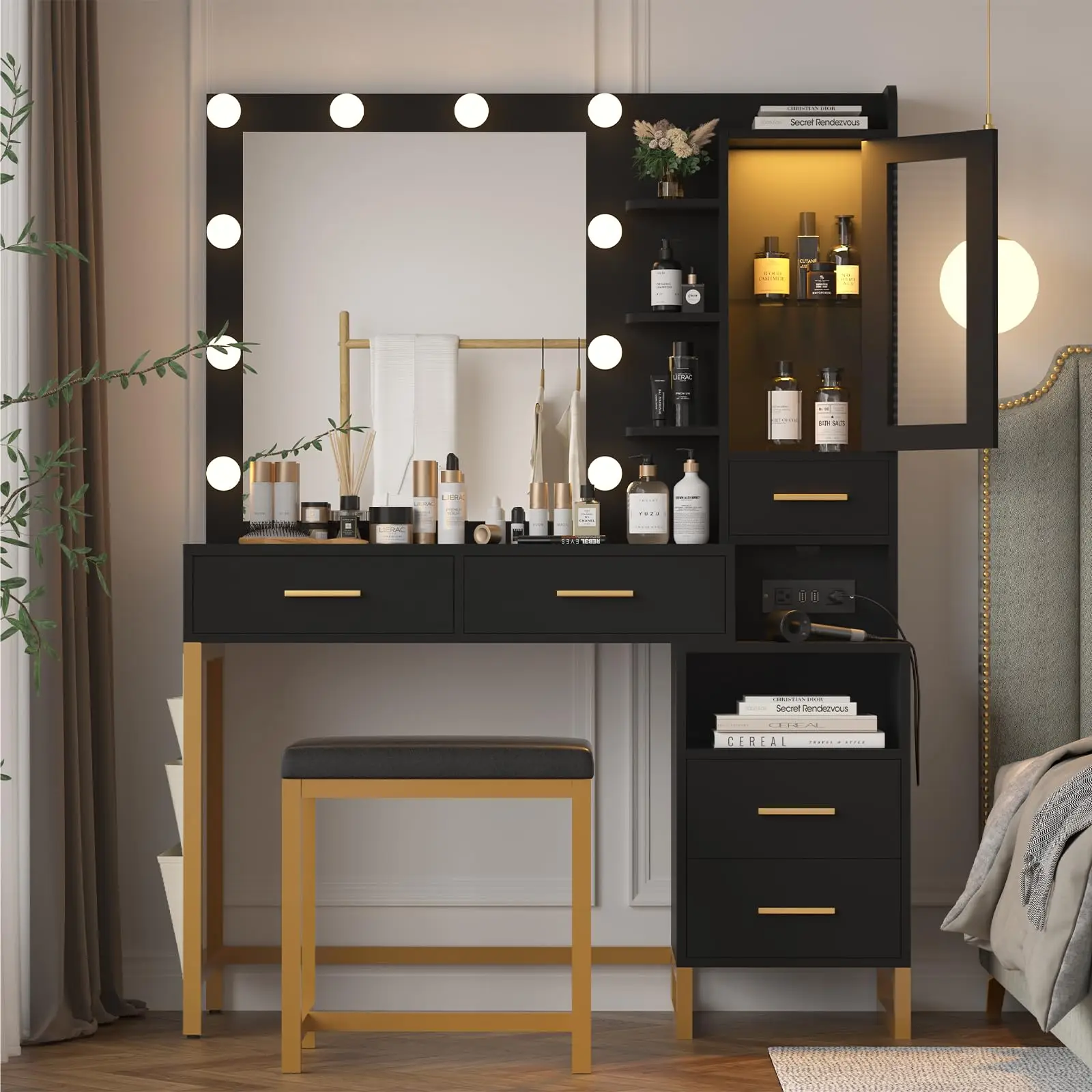 dressing table design black Vintage French Louis Style Dressing Table, Hand-painted Black & Gold