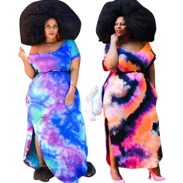 Large round neck split tie-dye print loose long plus-size woman dress