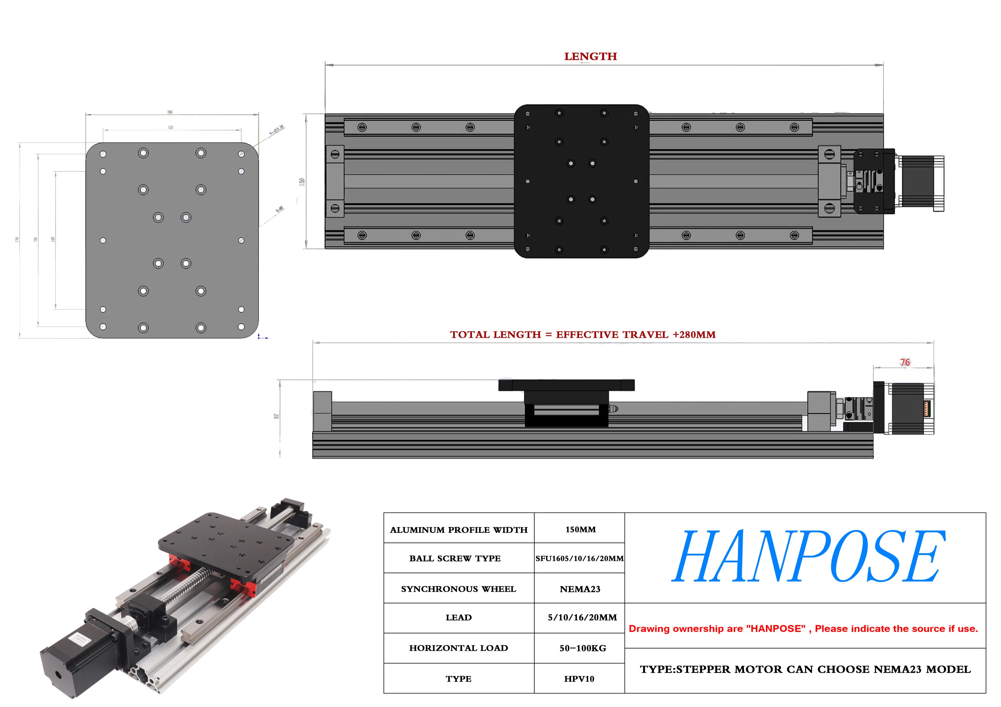 Sfu1620 Worktable Effective Stroke 500mm Hpv10 Linear Guide Nema23 Cnc