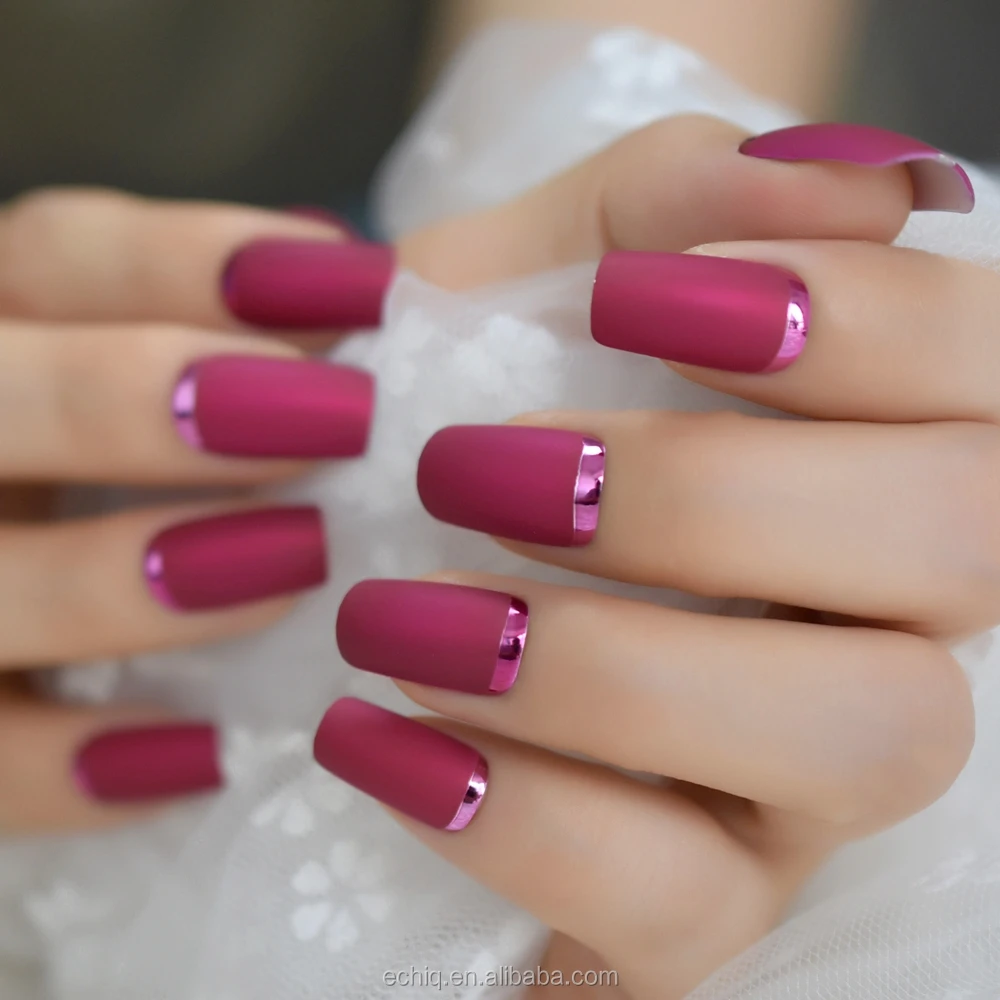 Slim Square Fake Nails Matte Rose Red With Metallic Moo Medium Size Frosted Artificial Acrylic Nail Art Tips With Glue Sticker Buy Matte Fake Nails French Nails Press On Fingernails Product On Alibaba Com