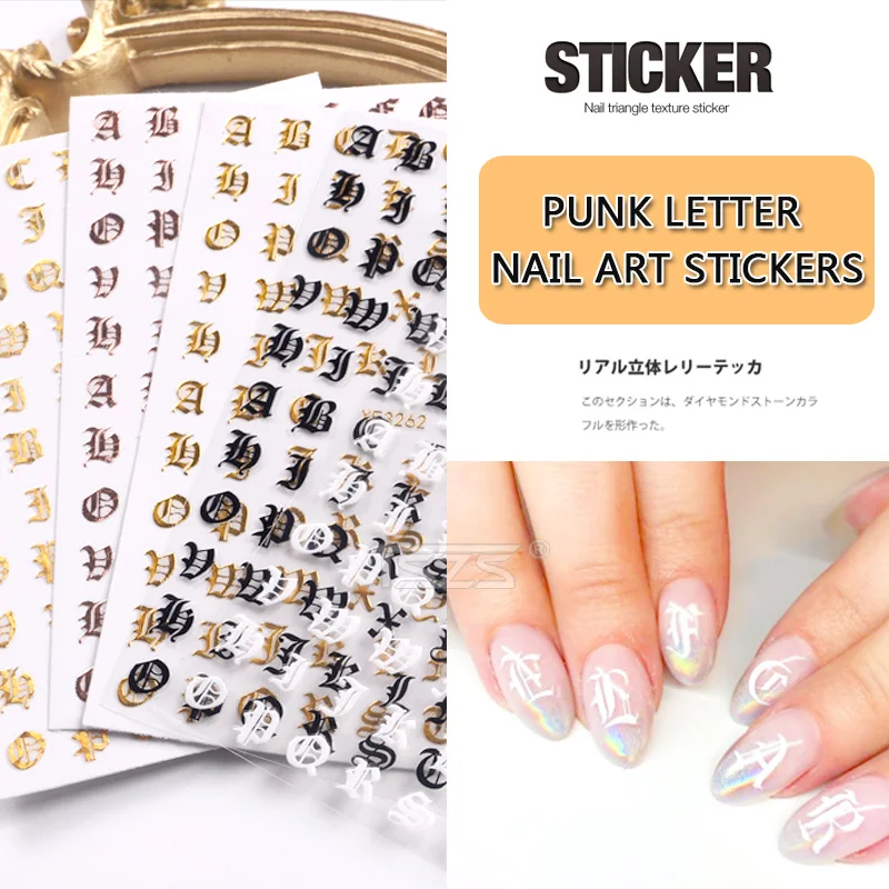 

TSZS 3D Laser Gold Sliver Nail Art Sticker Decals Old English Alphabet Holographic Letter Numbers Words Decals, As picture