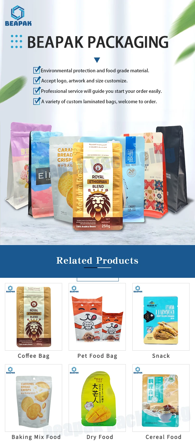 Custom Printed Laminated Animal Feed Flat Bottom Bags Natural Pet Food