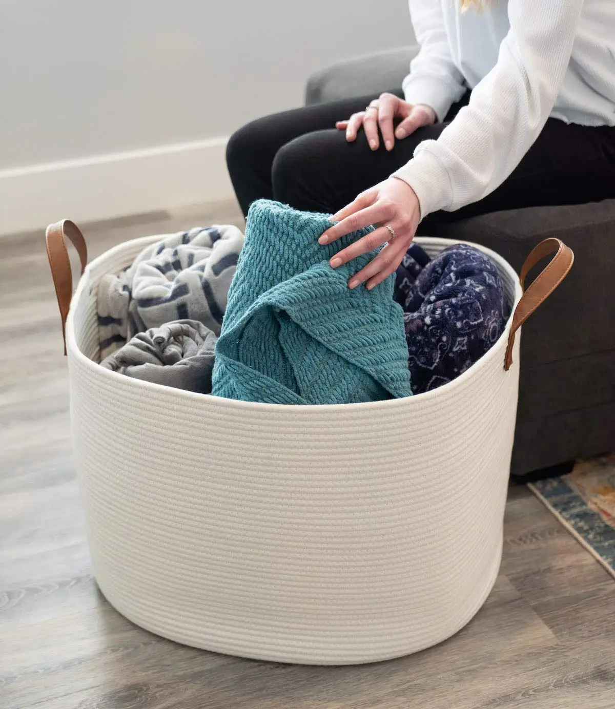 Large Woven Cotton Rope Storage Basket With Strong Handle,Folding