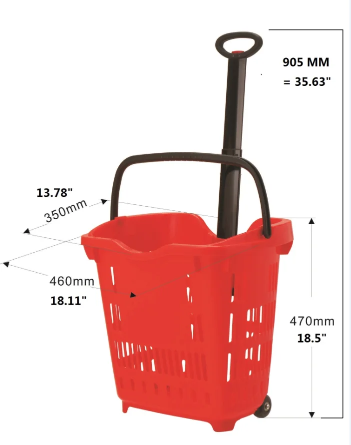 Cheap Price 40l Plastic Telescopic Handle Rolling Shopping Basket With 2 Wheels,Supermarket