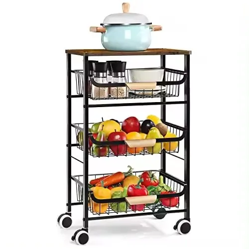 4 Tier Metal Rolling Utility Cart Mesh Basket Pantry Cart Rack With
