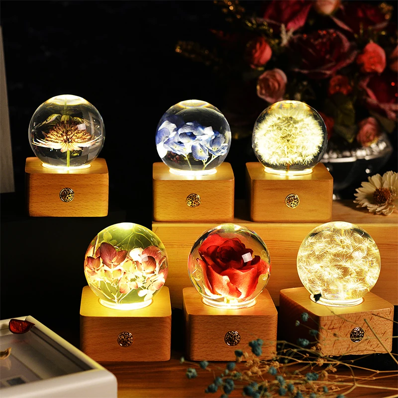 real rose dandelion flower crystal ball wooden base preserved real flower lamp gift LED night light for girlfriend valentines