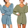 Private Label Autumn And Winter Fashion V-Neck Long Sleeve Tight Sexy Women Party Bodycon Dress Sweater Dress